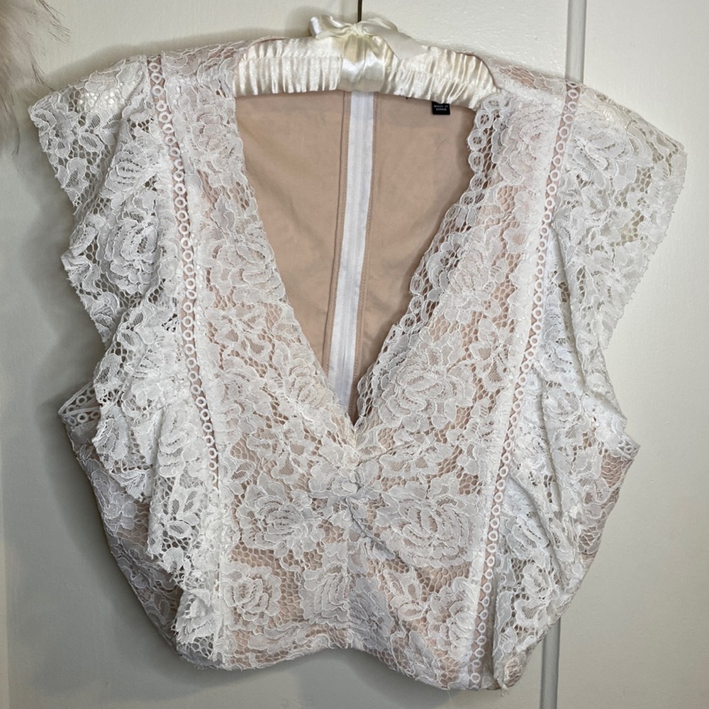 Lulus White Lace Crop Top, zip-up back
